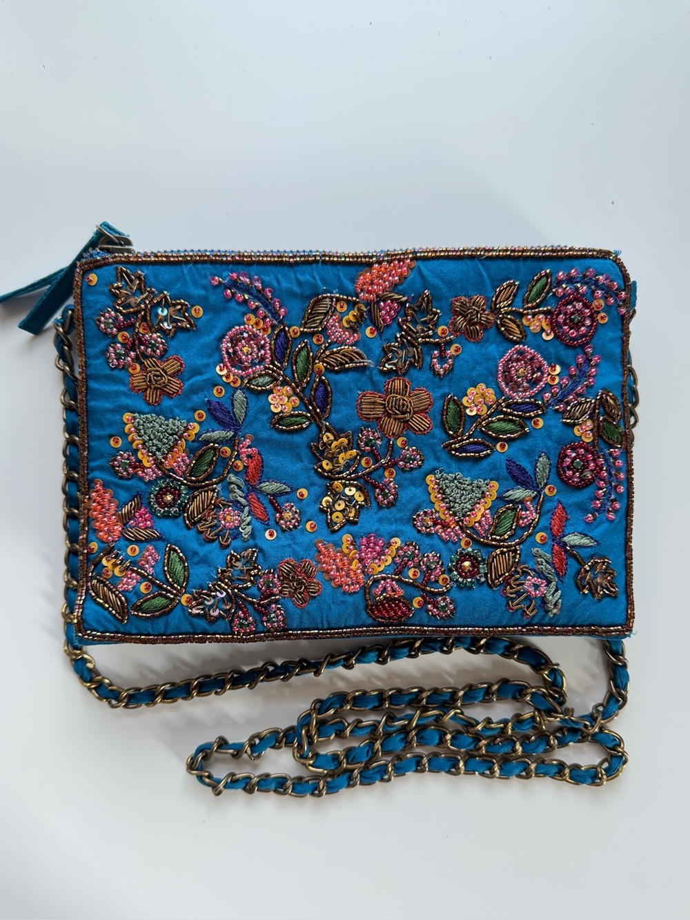 Limited Edition ZARA Beaded Sequined Embroidered Blue Floral Crossbody Bag